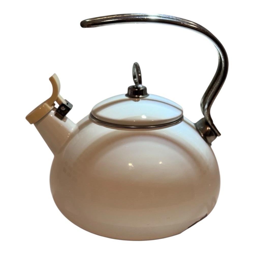 Vintage White Enamel Whistling Tea Kettle Flip Spout Chipped